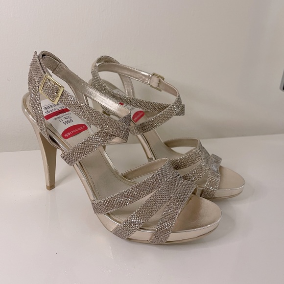 NEW! Glint glitter gold beige ankle wrap heeled platform sandals. Size 11. - Picture 4 of 9